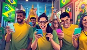 A vibrant scene illustrating the best sports betting sites Brazil with enthusiastic bettors engaging on apps.