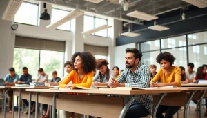 Engaged students learning in a bright classroom emphasizing Education through collaborative activities.