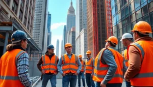New York Commercial General Contractor overseeing a bustling construction site with Manhattan skyline.