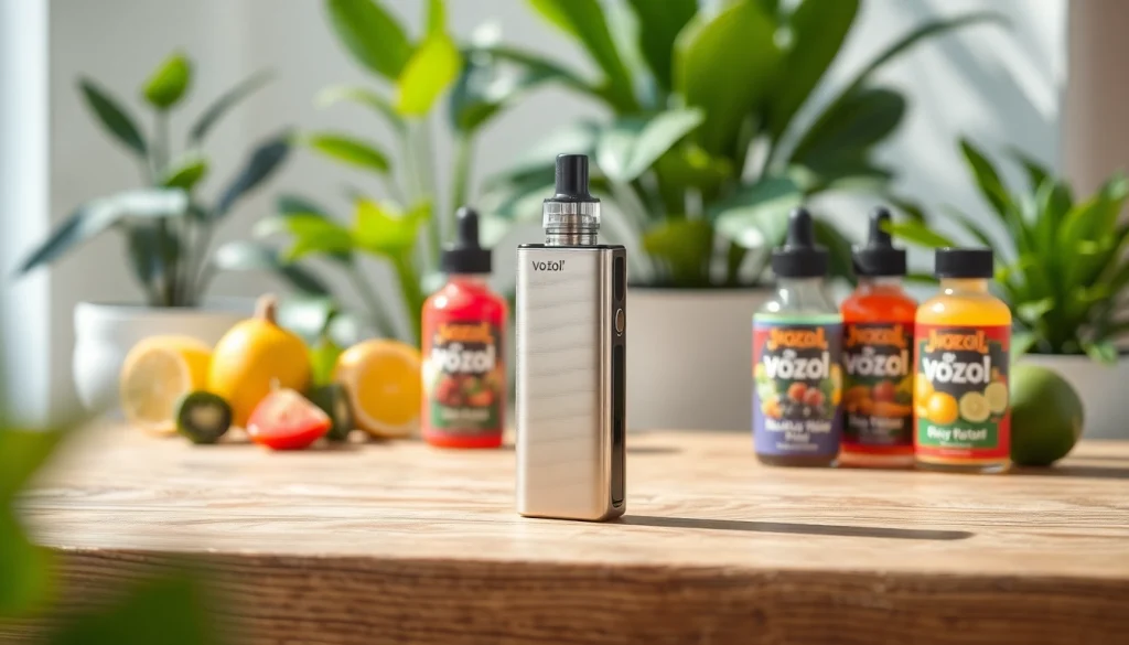 Vozol Vape-Gerät perfekt platziert auf einem Holztisch mit fruchtigen Aromen im Hintergrund.
