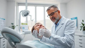 Experienced dentist examining patient's teeth in modern clinic with bright lighting.