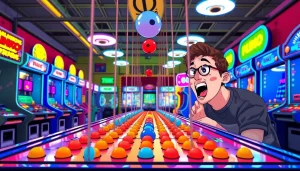 Permainan plinko demo yang menarik dengan bola jatuh dan pegs berwarna-warni.