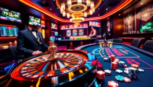 Experience the thrill of online gambling at ev88.claims with vibrant casino visuals showcasing roulette and poker.