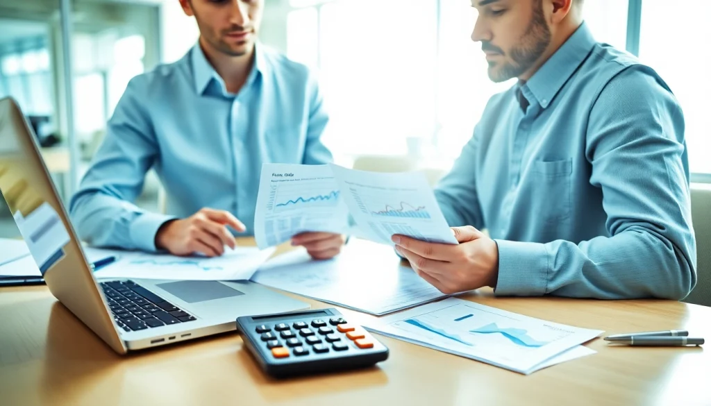 카드현금화를 위한 재무 상담 중인 전문가가 사무실에서 계산기를 사용하는 모습