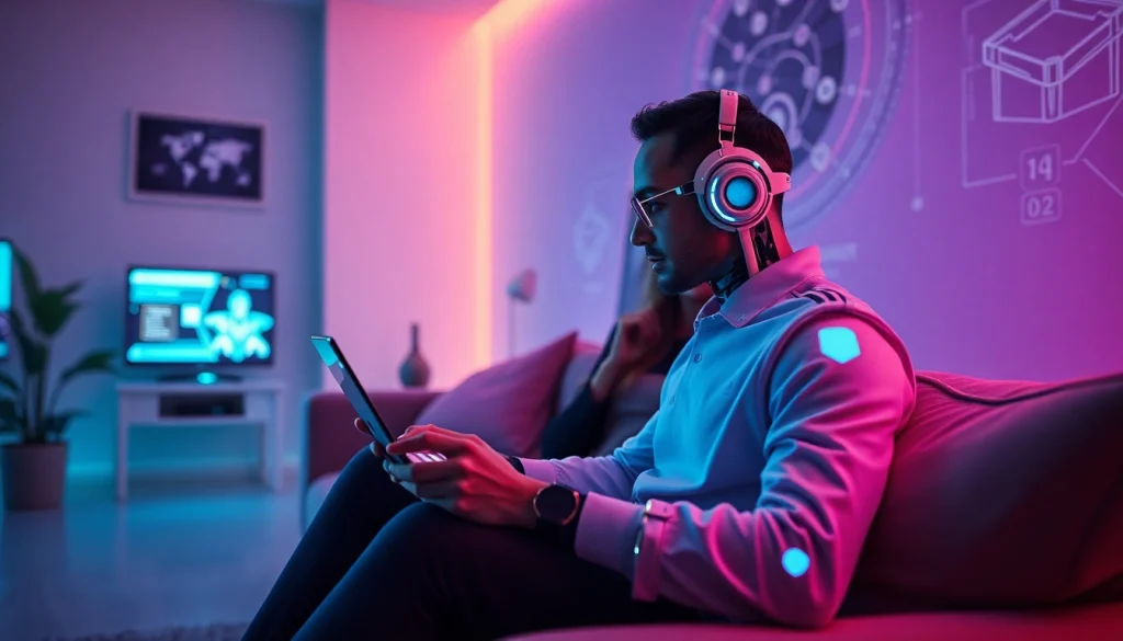 AI sex bot engaging warmly with a user in a modern, cozy setting, showcasing technological intimacy.