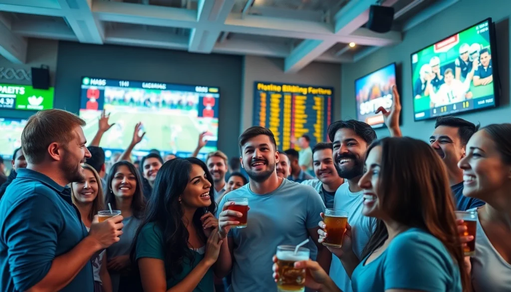 Engaging scene of bettors enjoying online sportsbooks South Carolina in a modern sportsbook atmosphere.