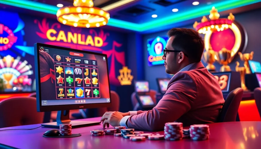 Engaging scene of an online casino Canada experience with a gambler enjoying digital games