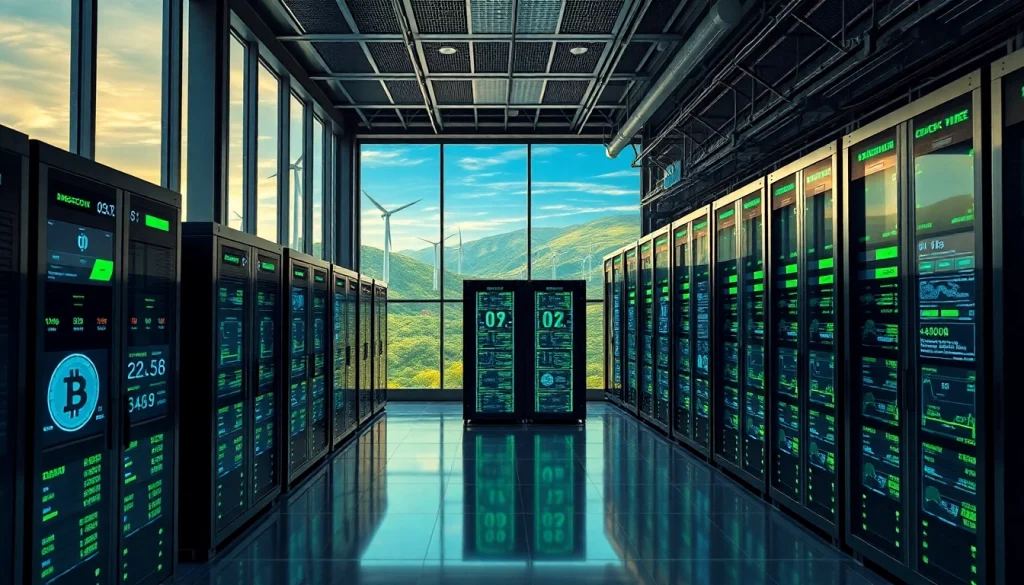 Visual representation of Dogecoin cloud mining profit in a cutting-edge data center powered by renewable energy.