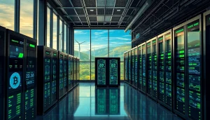 Visual representation of Dogecoin cloud mining profit in a cutting-edge data center powered by renewable energy.