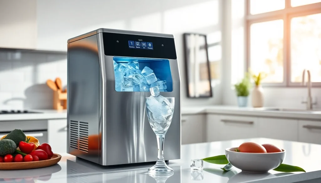 Showcasing a modern ice maker producing ice cubes in a stylish kitchen setting.