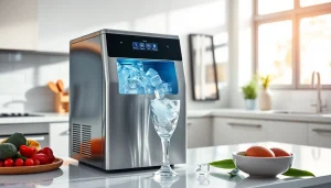 Showcasing a modern ice maker producing ice cubes in a stylish kitchen setting.