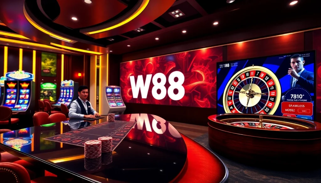 Experience the excitement of online gambling with the W88 link, showcasing a vibrant casino atmosphere.