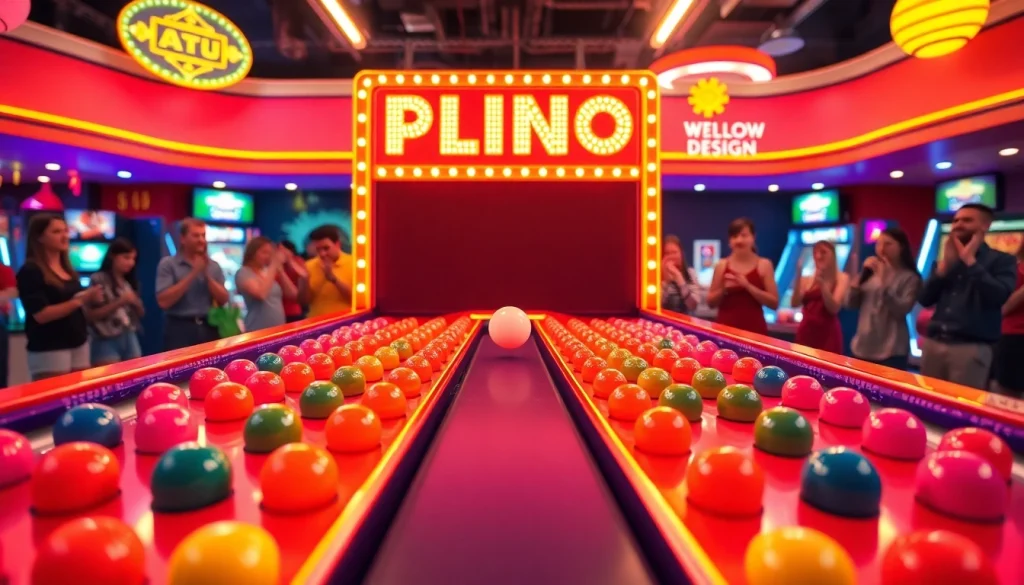 Permainan demo plinko yang seru dengan bola yang jatuh melalui pegs berwarna-warni.