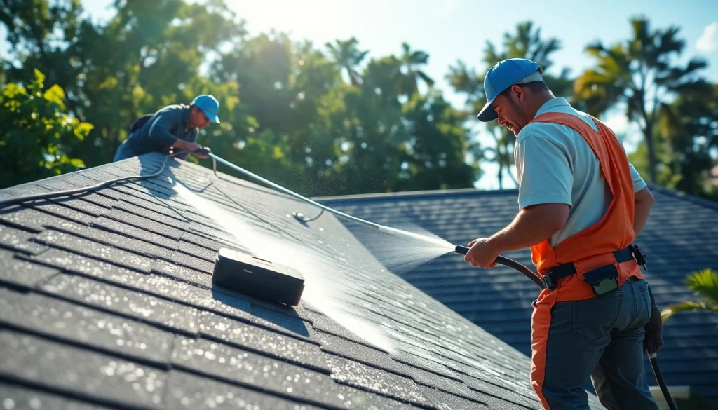 Roof cleaning service in Kissimmee, FL, showcasing a technician using eco-safe products.