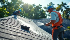 Roof cleaning service in Kissimmee, FL, showcasing a technician using eco-safe products.