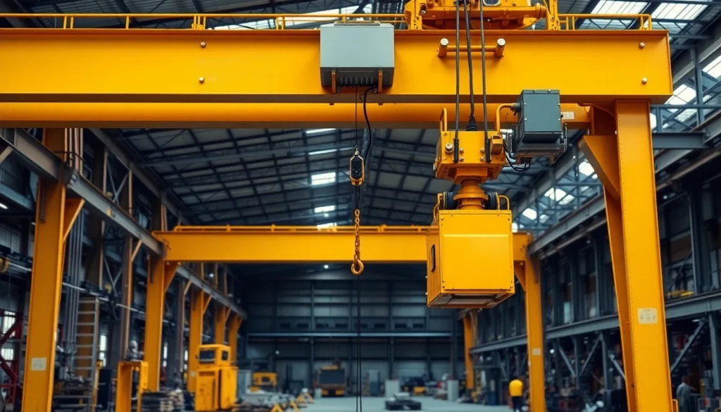 Double girder bridge crane lifting materials in a dynamic industrial setting, showcasing robust engineering.