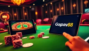 Experience the thrill of Gopay88 with a vibrant casino scene featuring poker chips and a roulette wheel.