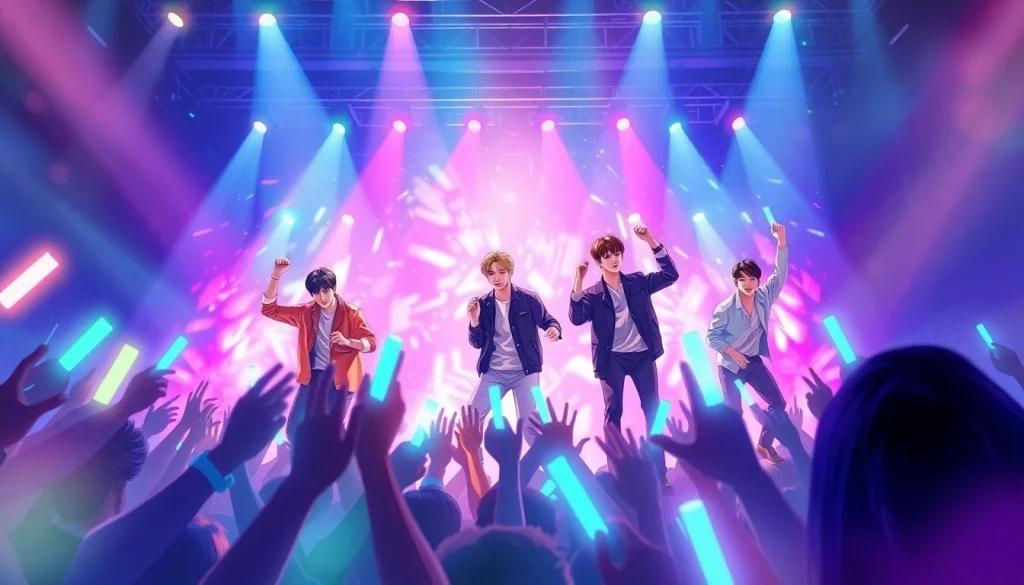 BTS news highlights band members performing energetically on stage during a vibrant concert.