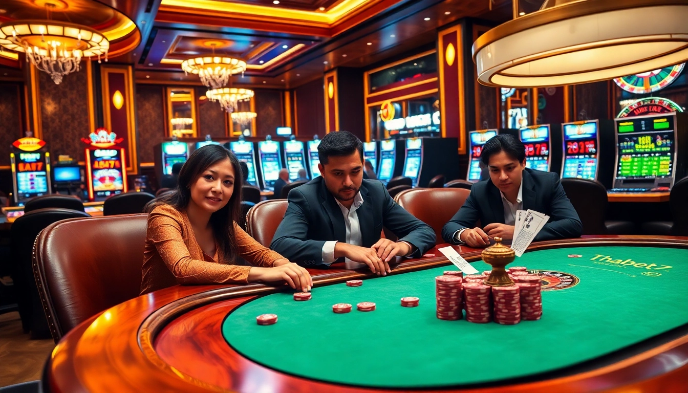 Engaged players at Thabet77's luxurious poker table, showcasing excitement in a vibrant casino scene.