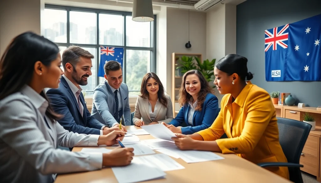 Expert Partner Visa agent in Australia consulting diverse clients in a professional office setting.