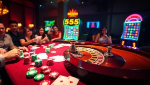 Experience a thrilling moment at a casino with dynamic gaming action portraying 555 win excitement.