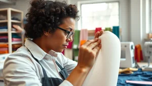 Bekijk spandex stretch stof met unieke textuur in een levendige werkplaats.