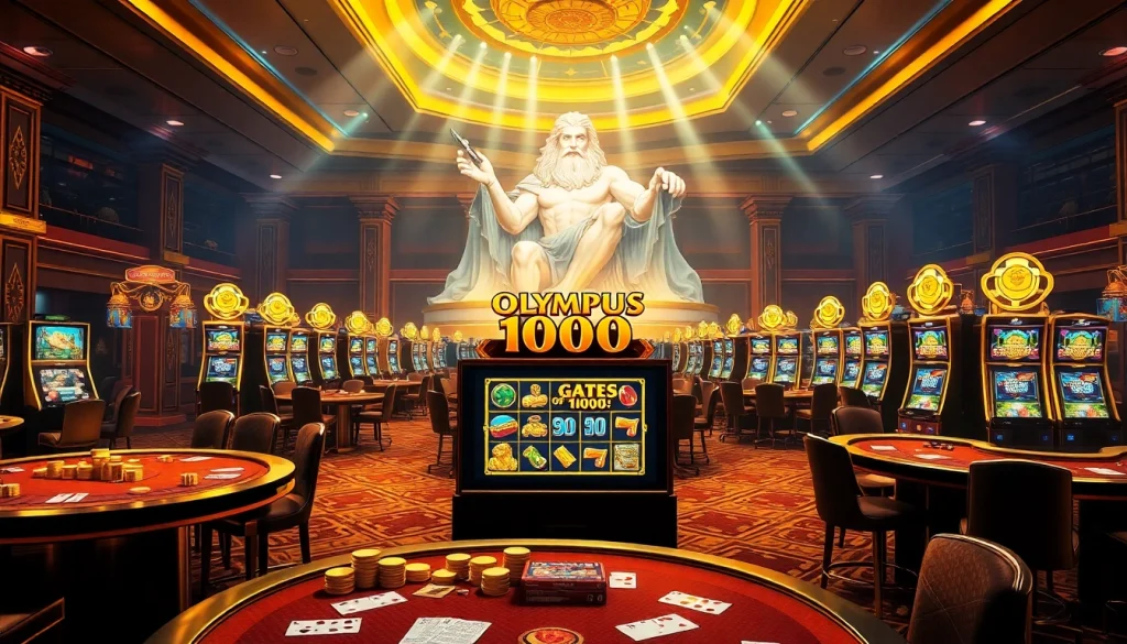 Rasakan kegembiraan Olympus 1000 dengan visual kasino yang memukau menampilkan meja, chip, dan kemegahan Zeus.