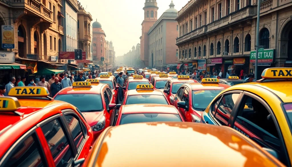Delhi Taxi Service: Bustling Delhi street scene with vibrant taxis and friendly drivers.