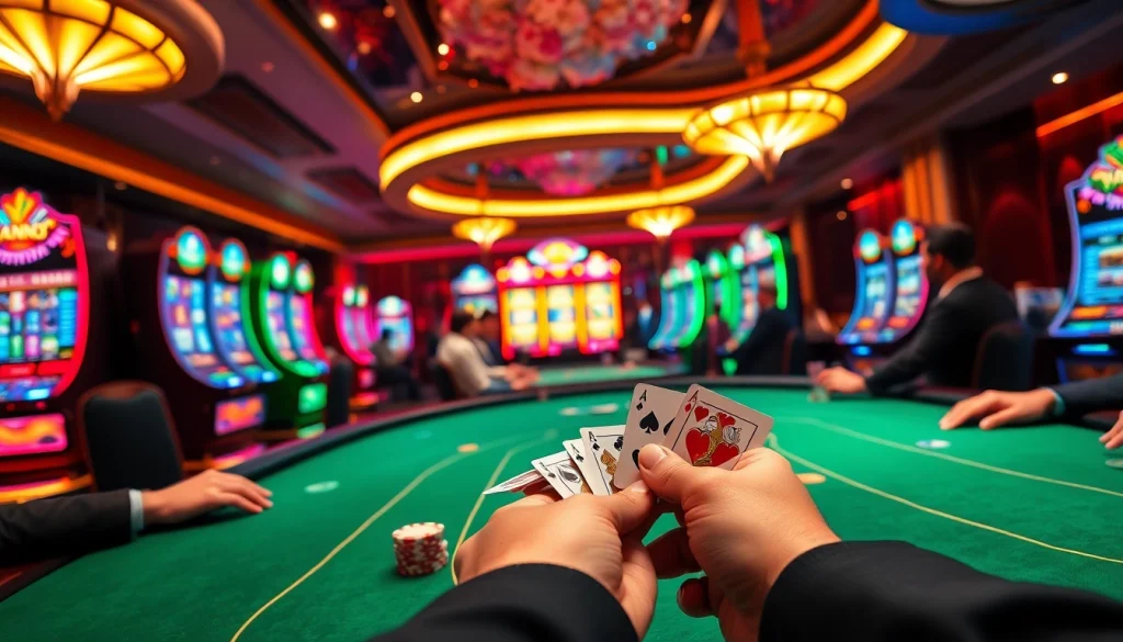 SODO casino table with players engaged in a high-stakes poker game, showcasing vibrant slot machines.