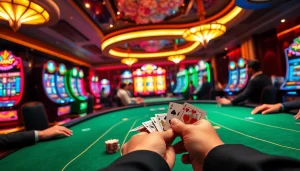 SODO casino table with players engaged in a high-stakes poker game, showcasing vibrant slot machines.