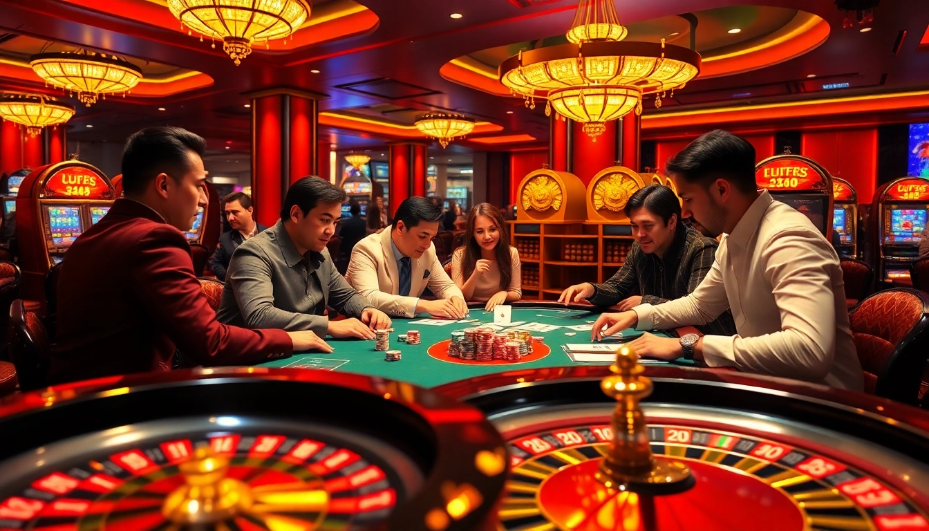 Players enjoying a lively poker game at UU88 casino, showcasing excitement and luxury.