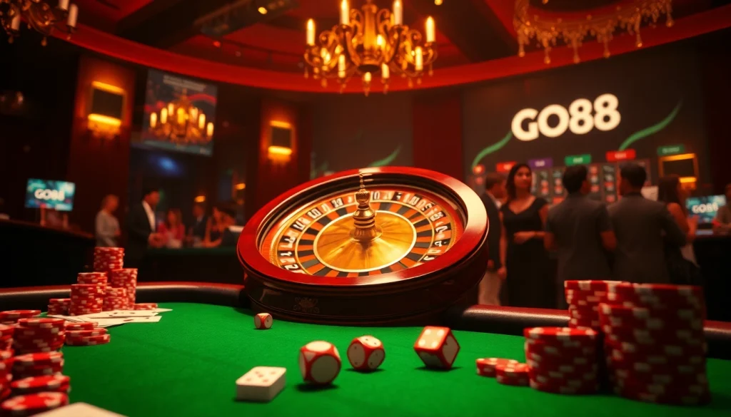Experience high-stakes excitement with GO88 at a luxurious casino table filled with chips and cards.