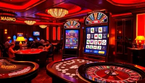 Experience the mahjong slot demo on an exciting casino floor with vibrant lighting and elegant decor.