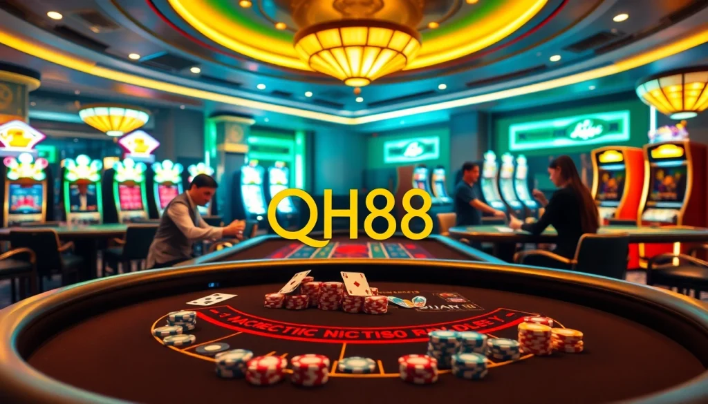Experience high-stakes gambling at QH88's vibrant casino tables filled with cards and chips.
