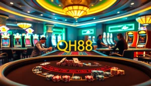 Experience high-stakes gambling at QH88's vibrant casino tables filled with cards and chips.
