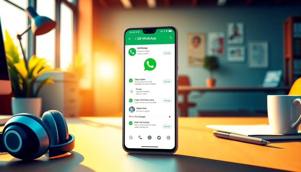 Explore the innovative GB WhatsApp app on a smartphone in a bright workspace, showcasing its features.