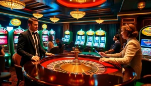 Engaging scene of an anal fissure telehealth consultation at a luxurious casino, highlighting professionalism and excitement.