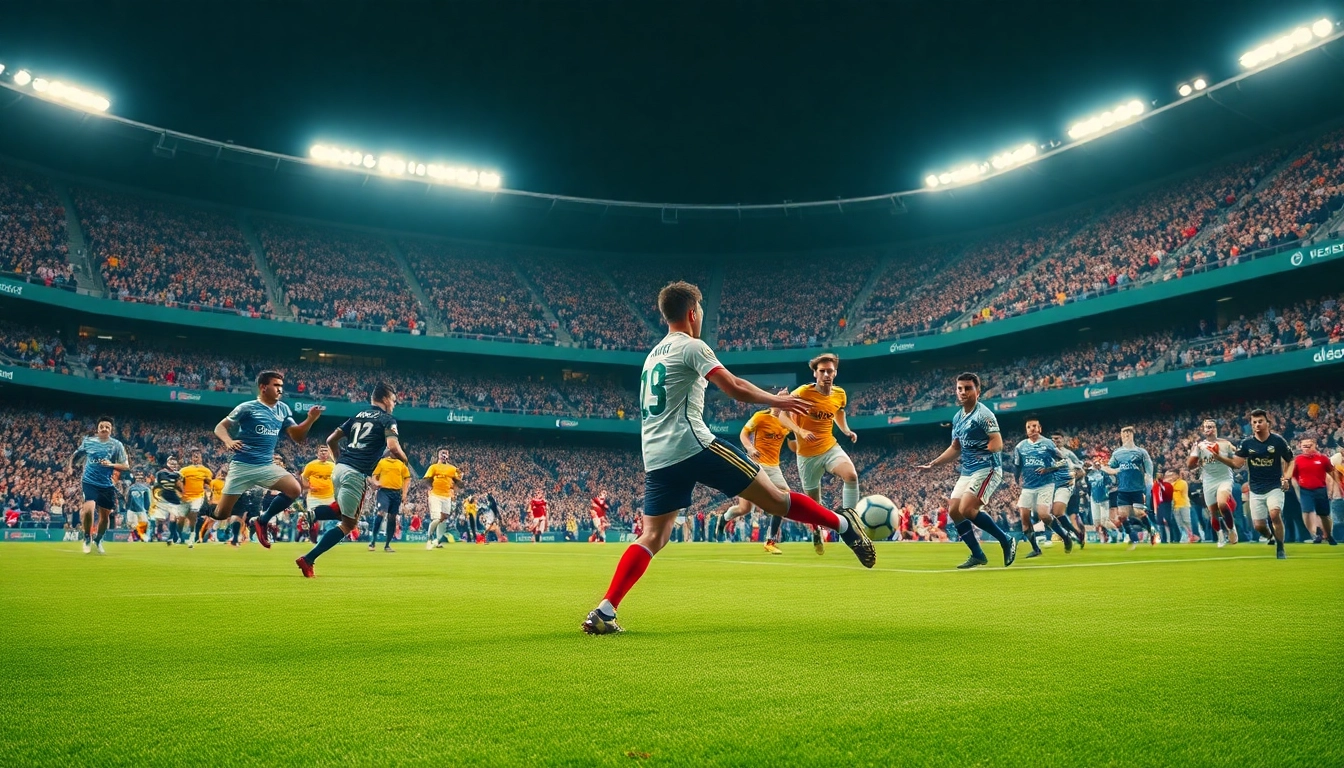 Captivating football action scene with players showcasing ทีเด็ดบอล tricks on a vibrant field.