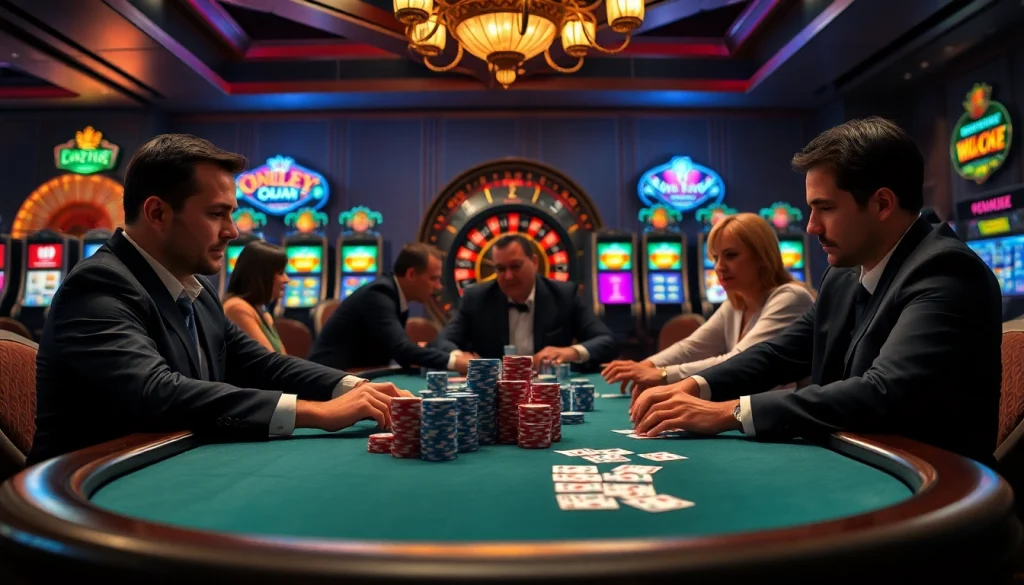Experience thrilling gameplay with Onicplay at a luxurious poker table in a bustling casino.