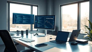 Software engineering workspace with modern tech setup for innovative e-commerce solutions.