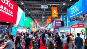 KJC365 entertainment expo with diverse crowds, vibrant booths, and live performances.