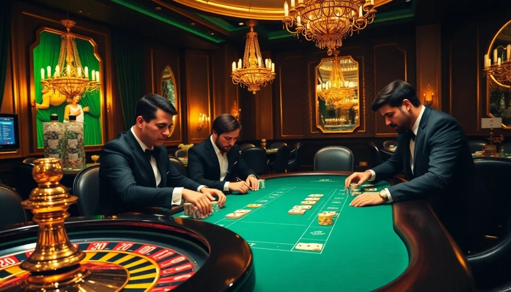 Sự hứng khởi của một ván bài poker Bet VIP với những người chơi thanh lịch, những chip đầy màu sắc và phông nền casino sang trọng.