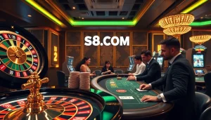 Experience captivating gameplay at S8.COM with a luxurious casino ambiance featuring roulette, poker, and vibrant slot machines.