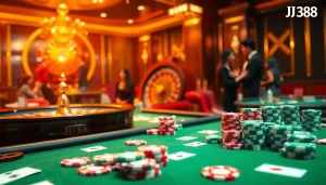 BJ38 online casino scene showcasing vibrant gaming interactions and professional table layouts.