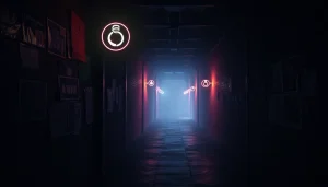 Hidden Wiki dark web directory with neon elements in a mysterious alley