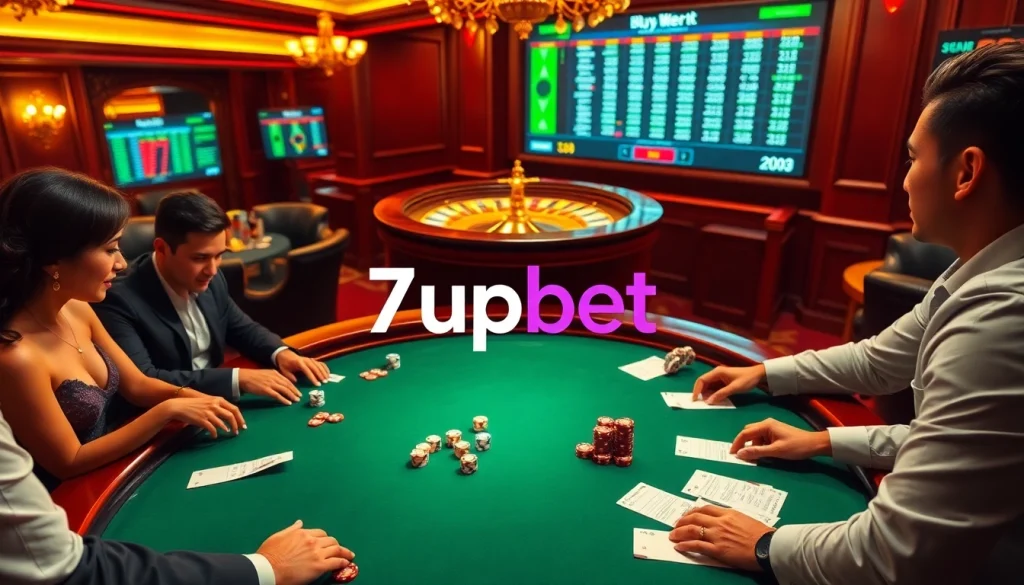 High-stakes players enjoying poker at a luxurious 7upbet online casino table.
