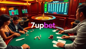 High-stakes players enjoying poker at a luxurious 7upbet online casino table.