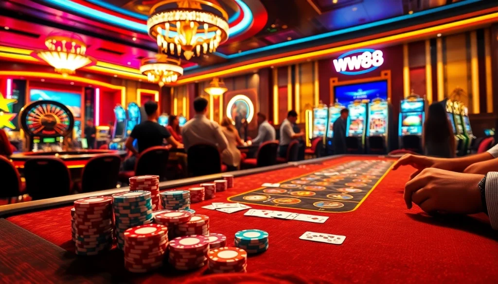 Experience the thrill of WW88 with vibrant casino games and players enjoying their bets.