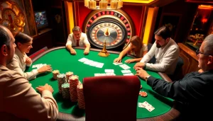 Experience the thrill of game bài vua99 with players at an upscale poker table in a vibrant casino setting.