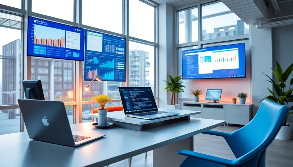 现代化办公空间，笔记本电脑上展示 WPS Office，周围是充满活力的科技环境。